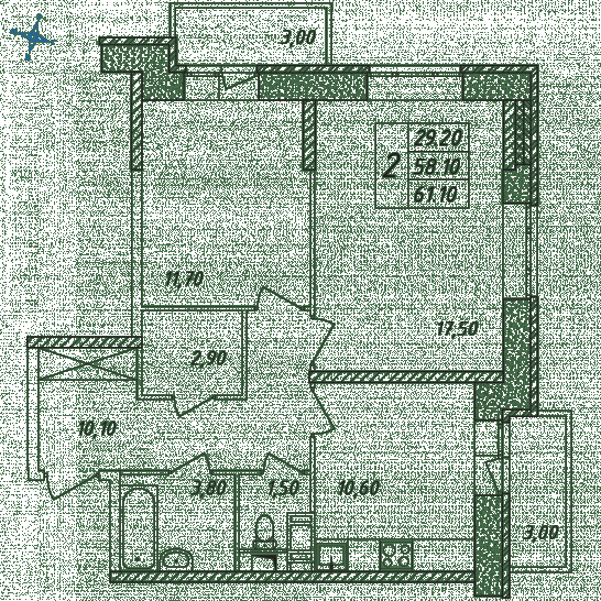 Двухкомнатная квартира 61.1 м²