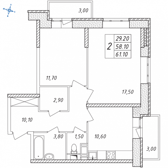 Двухкомнатная квартира 61.1 м²