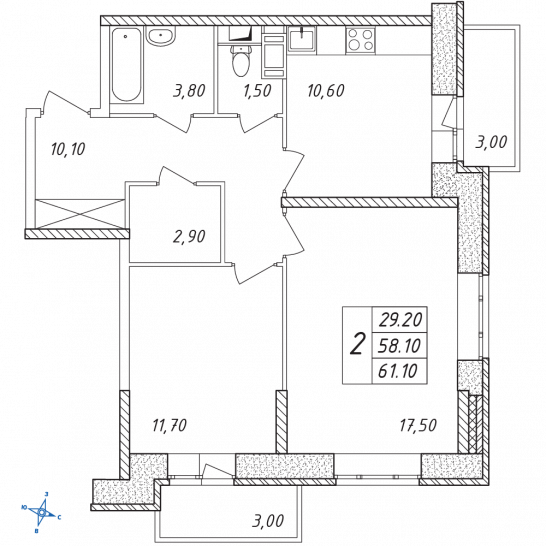 Двухкомнатная квартира 61.1 м²