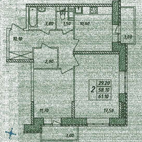 Двухкомнатная квартира 61.1 м²