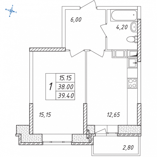 Однокомнатная квартира 39.4 м²