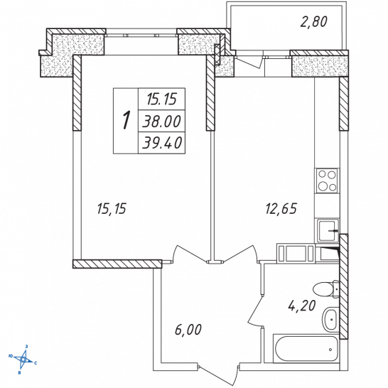 Однокомнатная квартира 39.4 м²