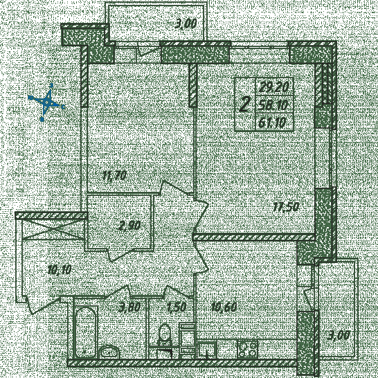Двухкомнатная квартира 61.1 м²